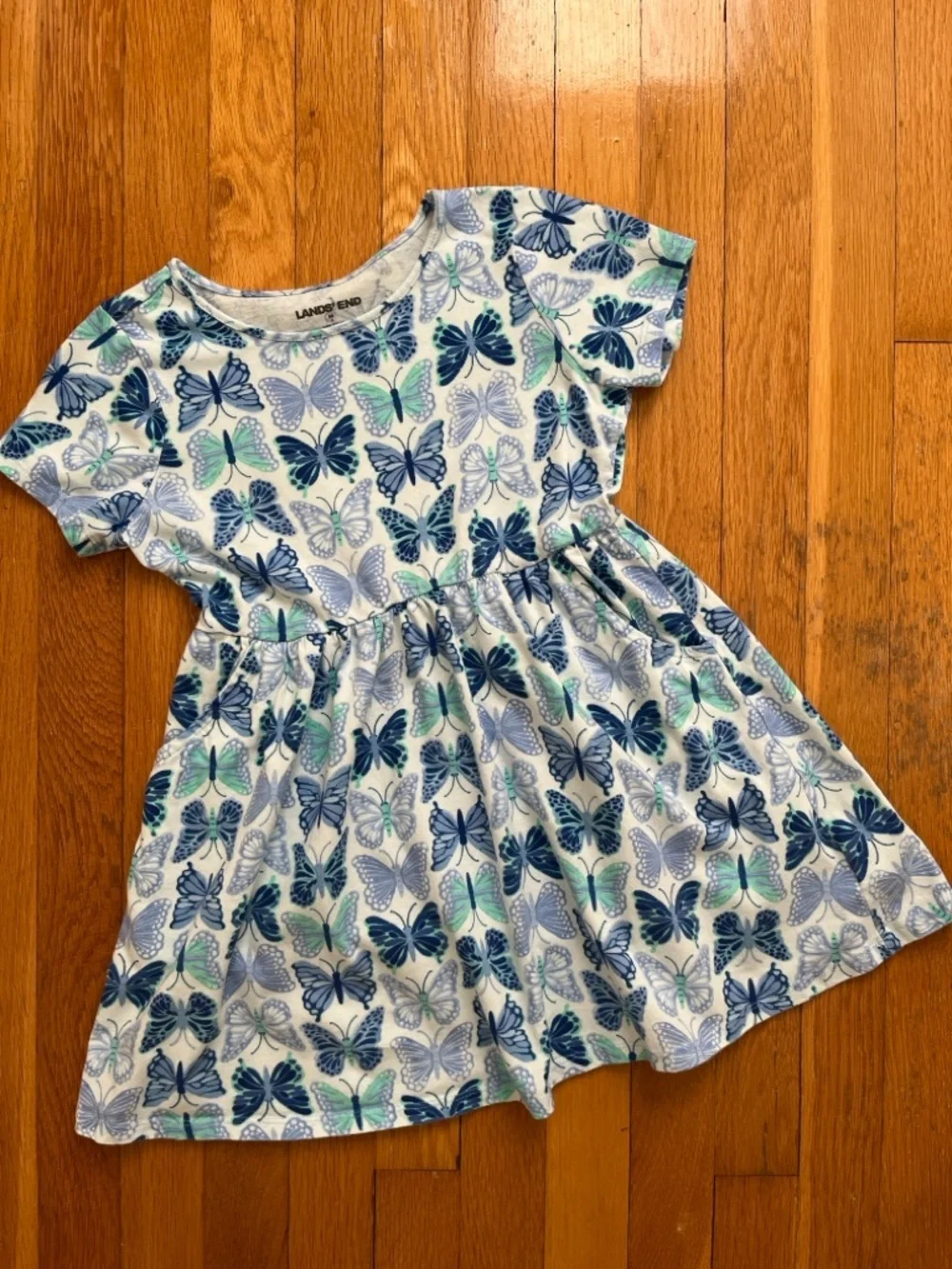 Size 8 Girls 100% Cotton Blue Butterflies Fit and Flare Short Sleeved Sun Dress